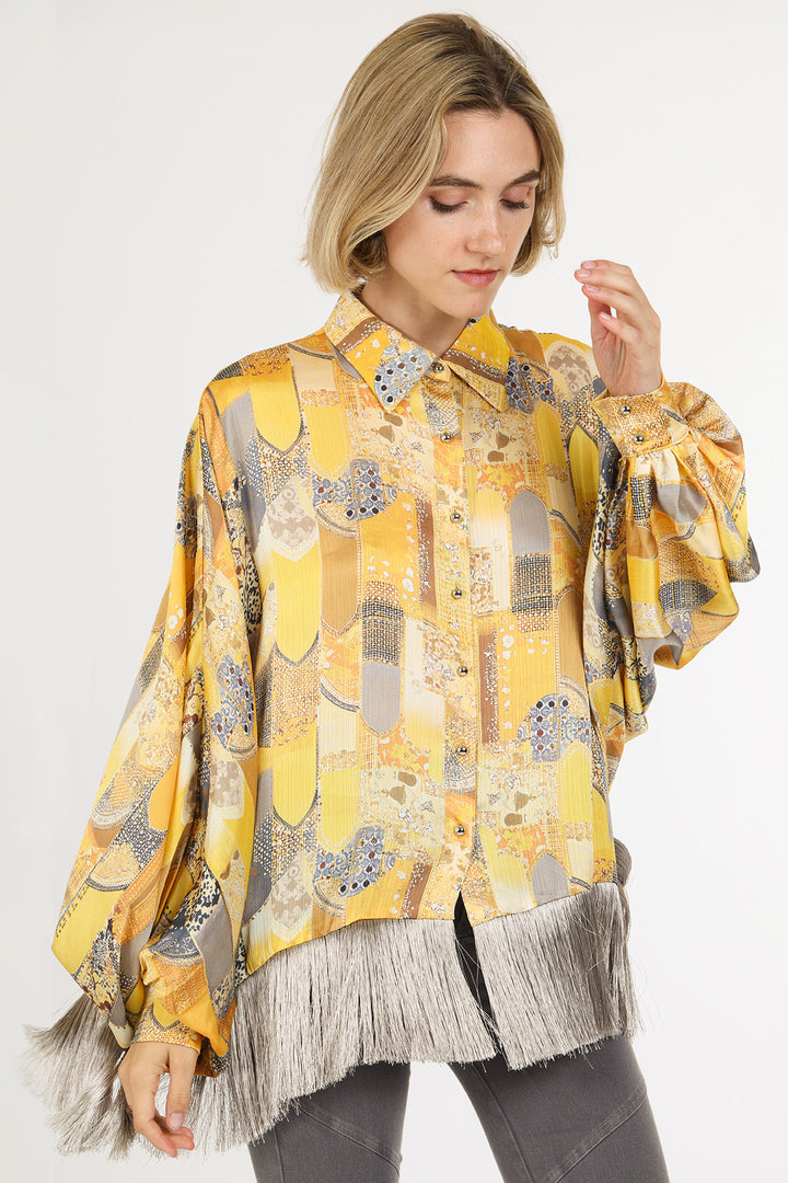 Natasha Bohemian Print Fringe Trim Satin Blouse