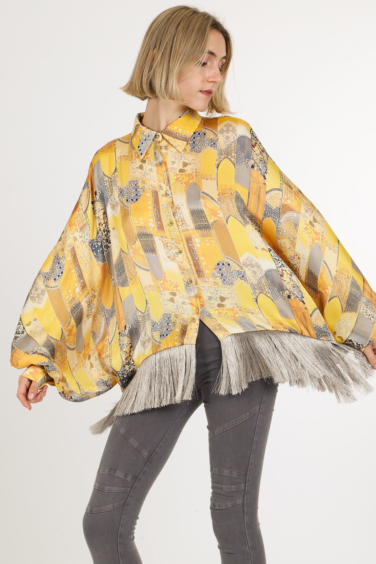 Natasha Bohemian Print Fringe Trim Satin Blouse