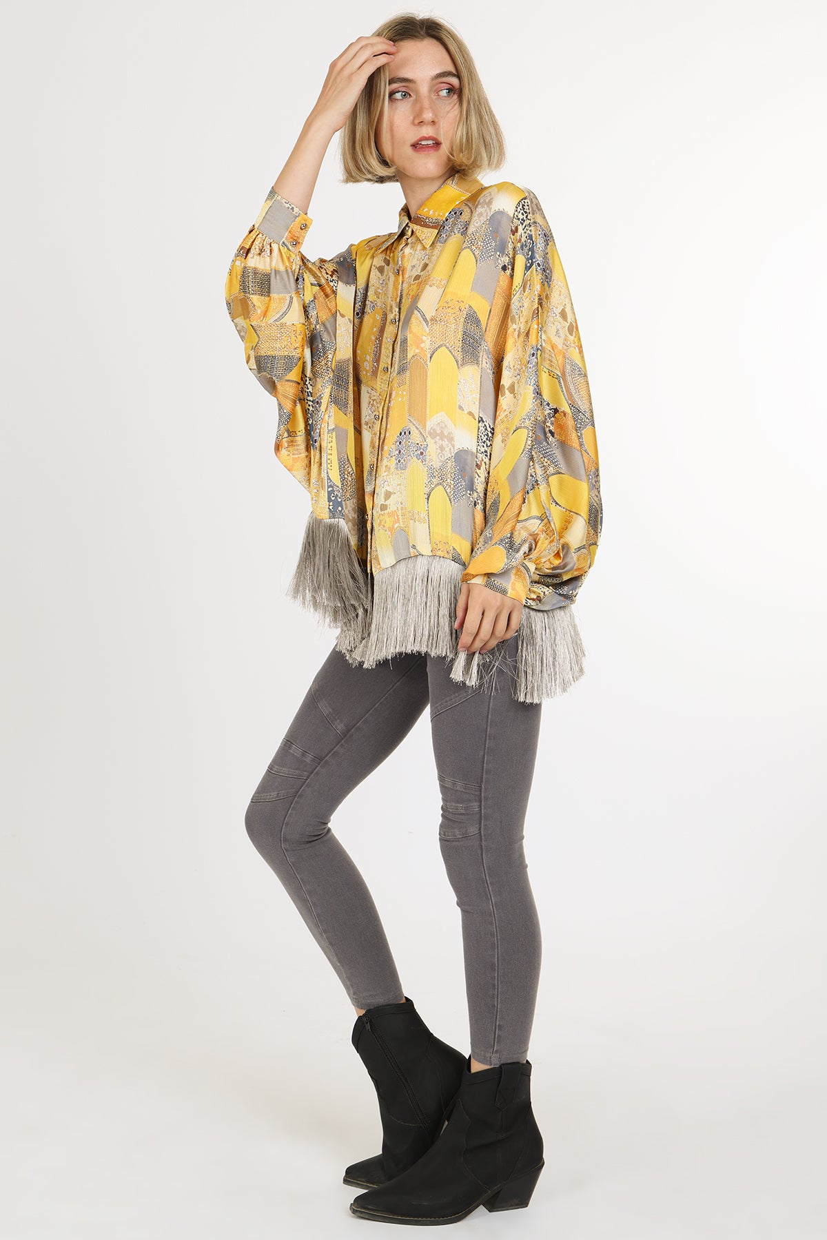 Natasha Bohemian Print Fringe Trim Satin Blouse