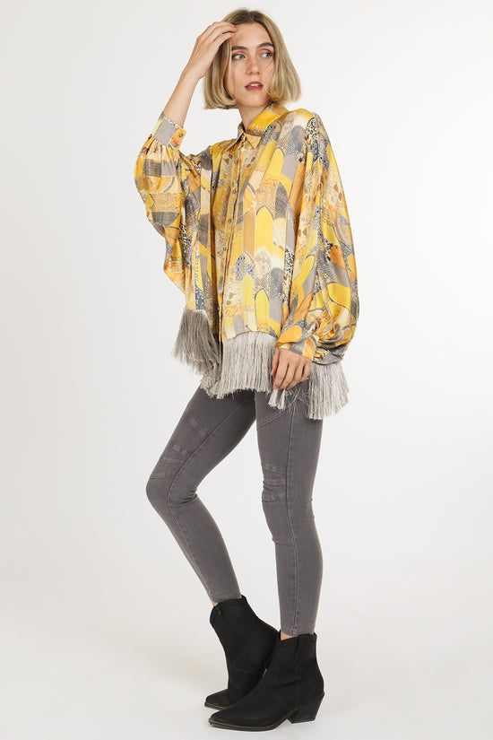 Natasha Bohemian Print Fringe Trim Satin Blouse