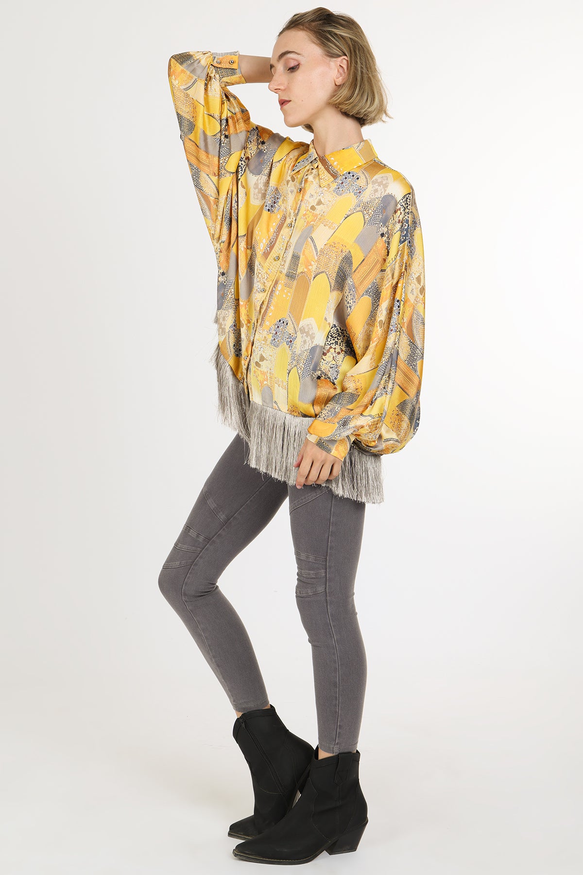 Natasha Bohemian Print Fringe Trim Satin Blouse
