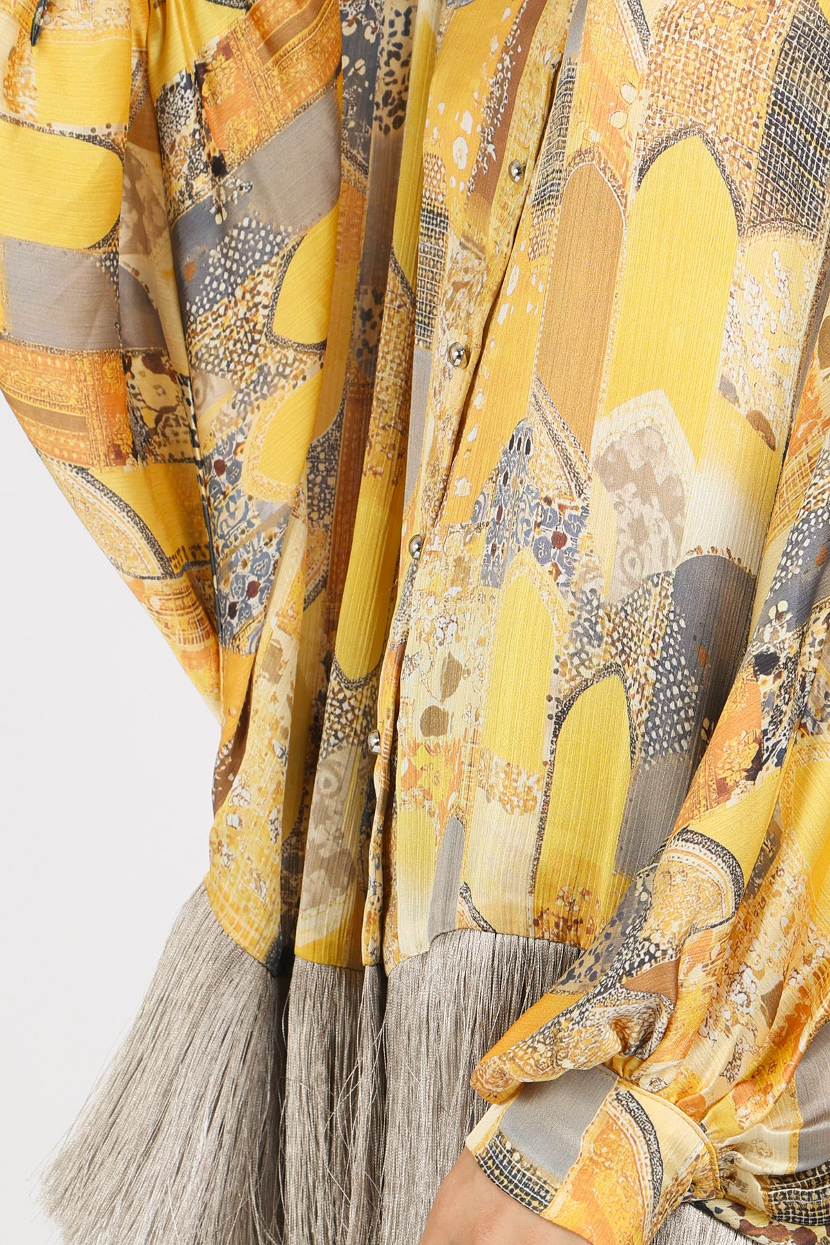 Natasha Bohemian Print Fringe Trim Satin Blouse