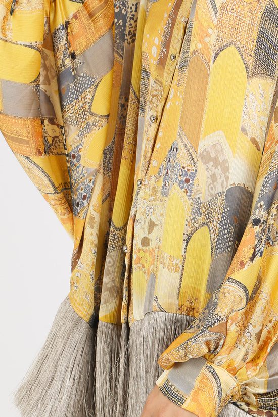 Natasha Bohemian Print Fringe Trim Satin Blouse