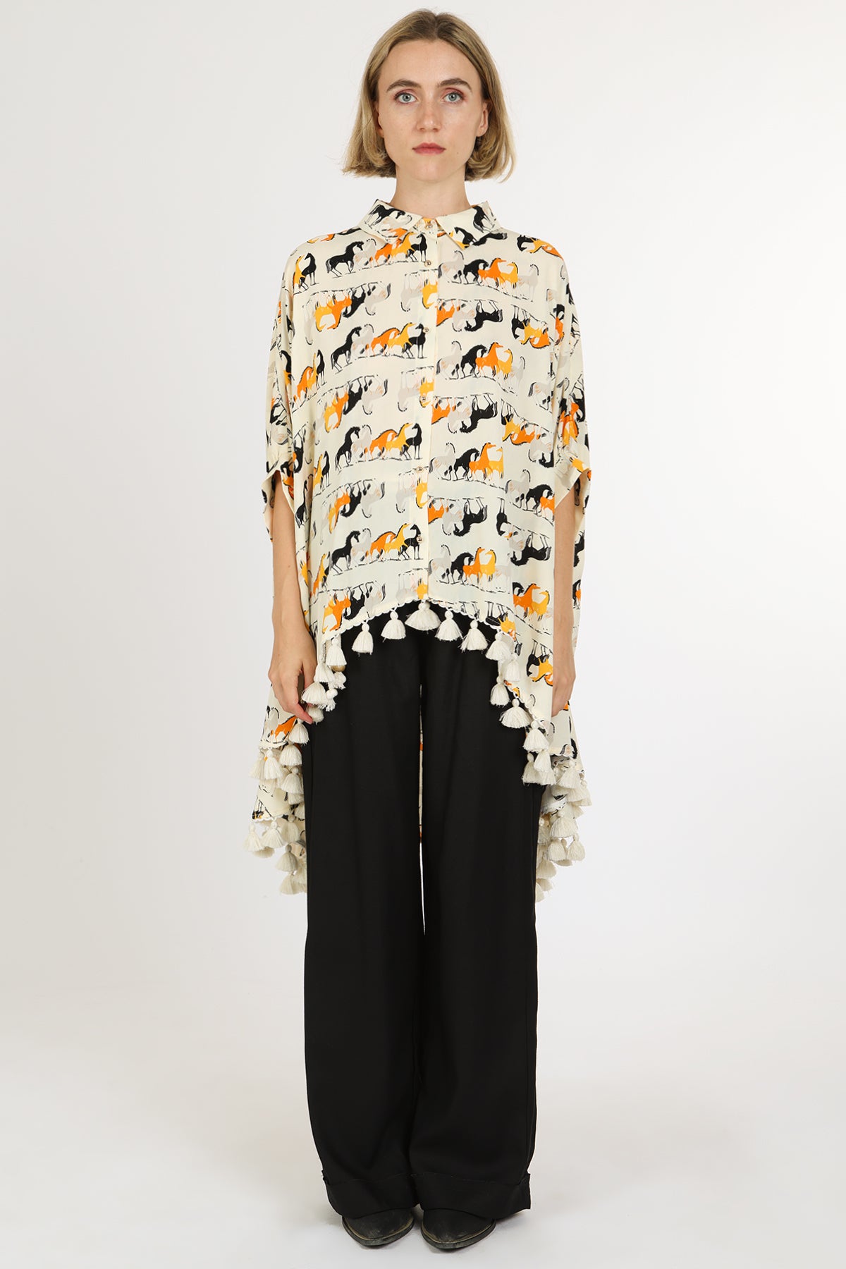 Harrison Horse Print Hi-Low Tasseled Hem Button Up Tunic
