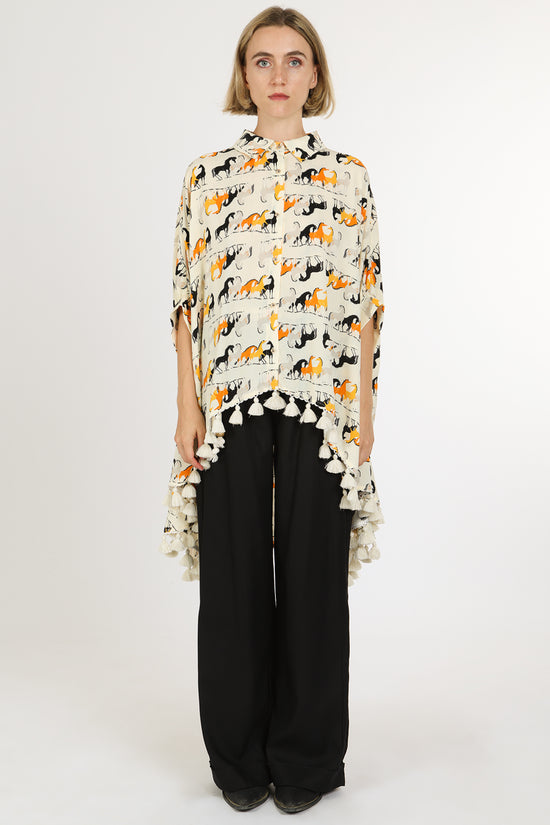 Harrison Horse Print Hi-Low Tasseled Hem Button Up Tunic
