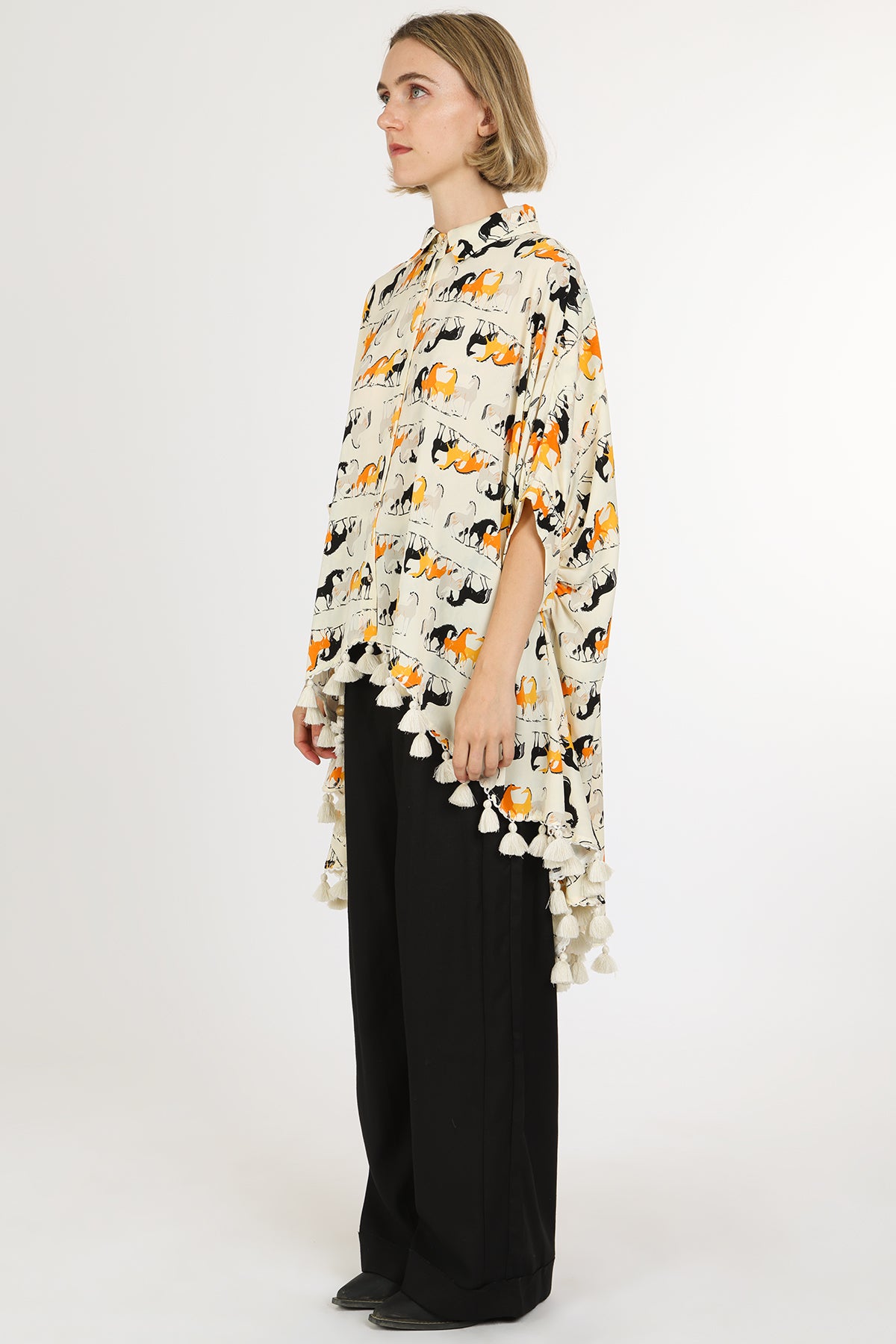 Harrison Horse Print Hi-Low Tasseled Hem Button Up Tunic