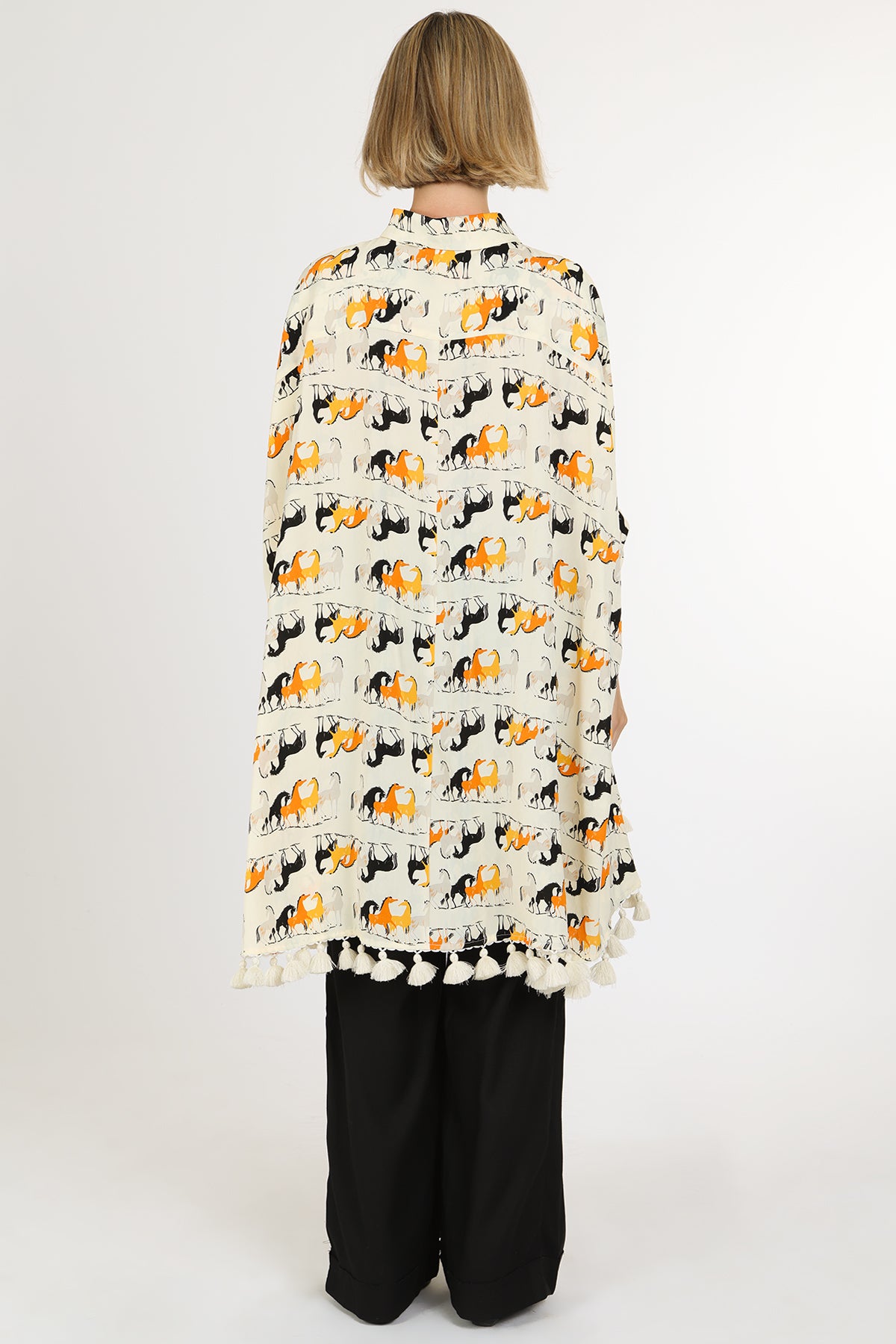 Harrison Horse Print Hi-Low Tasseled Hem Button Up Tunic