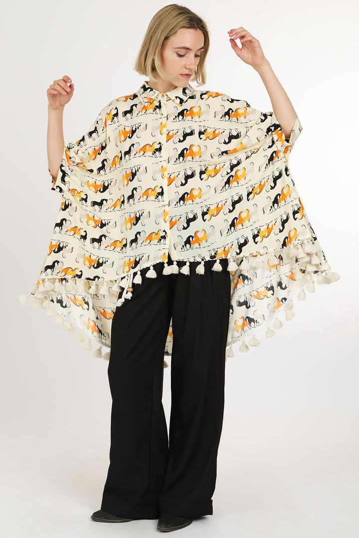 Harrison Horse Print Hi-Low Tasseled Hem Button Up Tunic