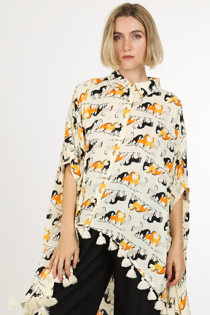 Harrison Horse Print Hi-Low Tasseled Hem Button Up Tunic