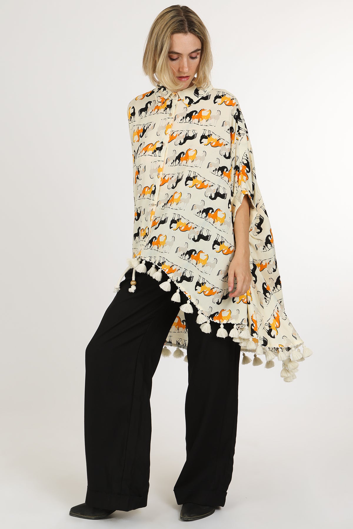 Harrison Horse Print Hi-Low Tasseled Hem Button Up Tunic