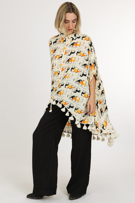 Harrison Horse Print Hi-Low Tasseled Hem Button Up Tunic