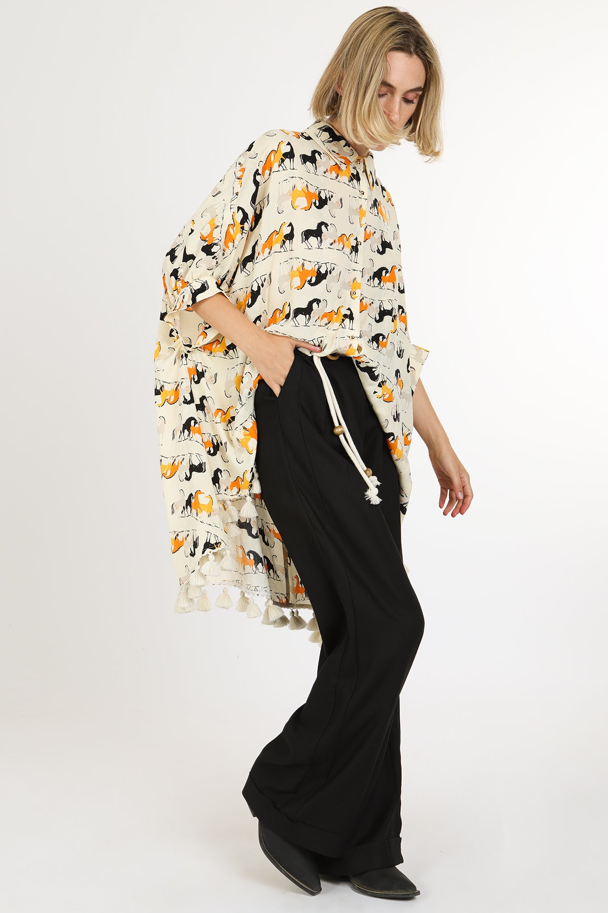 Harrison Horse Print Hi-Low Tasseled Hem Button Up Tunic
