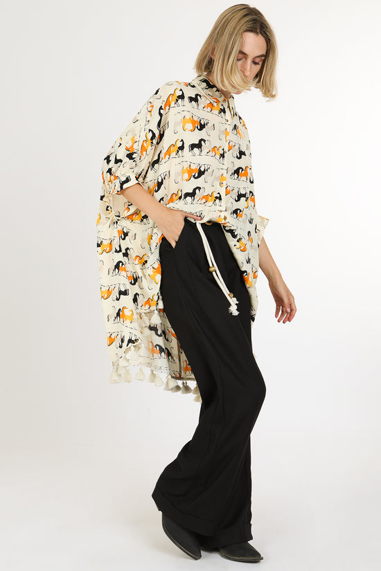 Harrison Horse Print Hi-Low Tasseled Hem Button Up Tunic