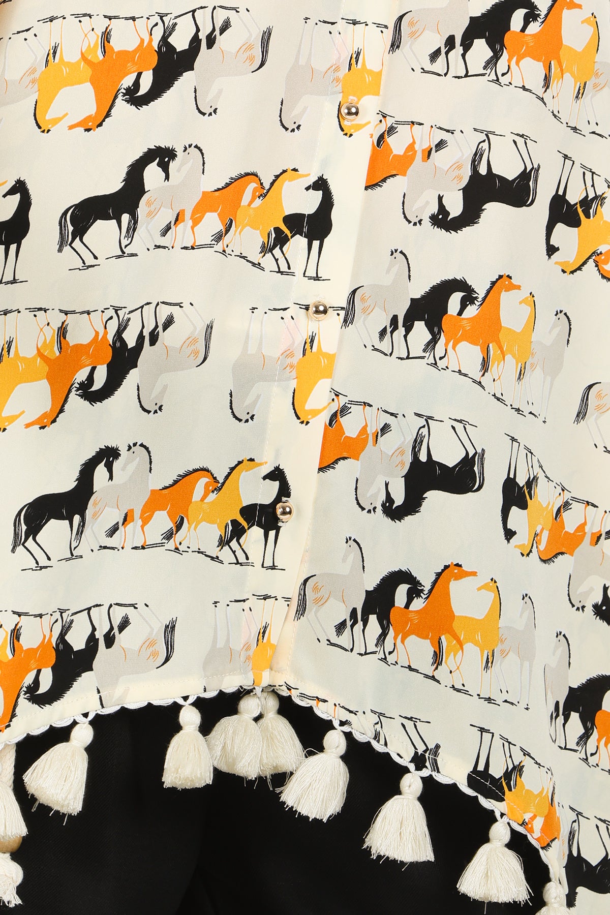 Harrison Horse Print Hi-Low Tasseled Hem Button Up Tunic