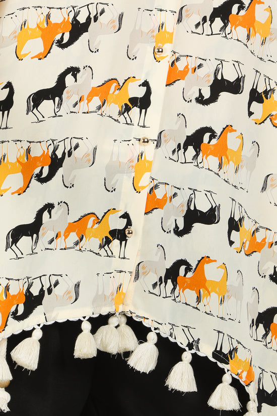 Harrison Horse Print Hi-Low Tasseled Hem Button Up Tunic