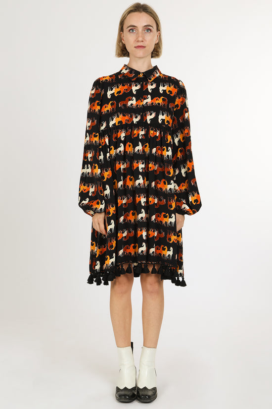 Neal Horse Printed Tassel A-Line Midi Shirt Dress