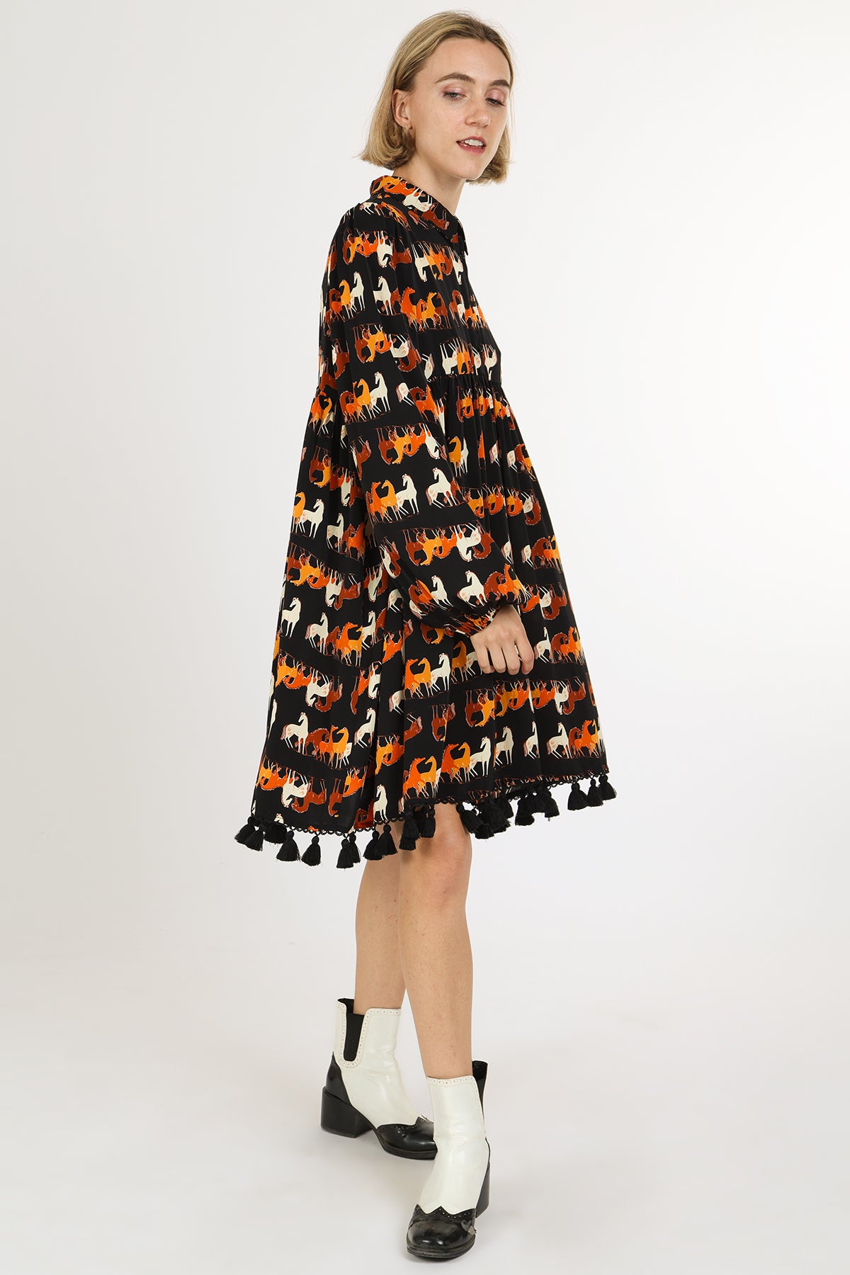 Neal Horse Printed Tassel A-Line Midi Shirt Dress