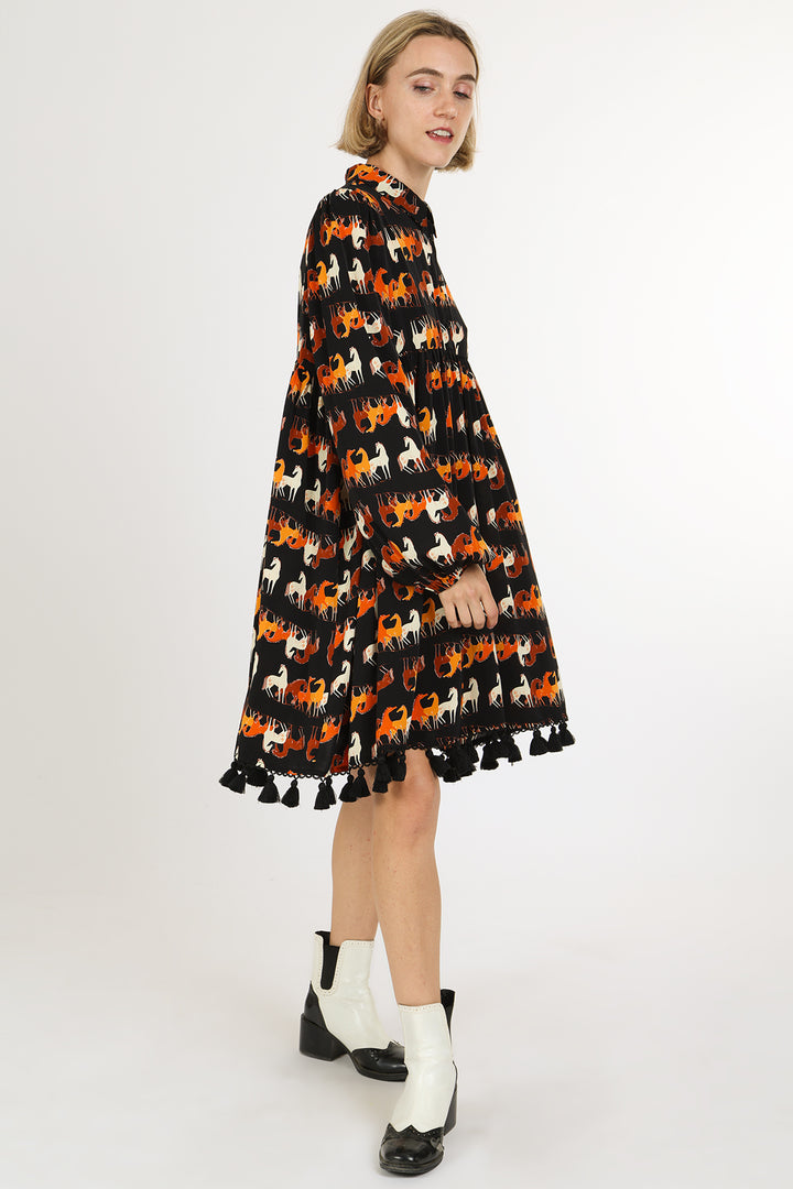 Neal Horse Printed Tassel A-Line Midi Shirt Dress
