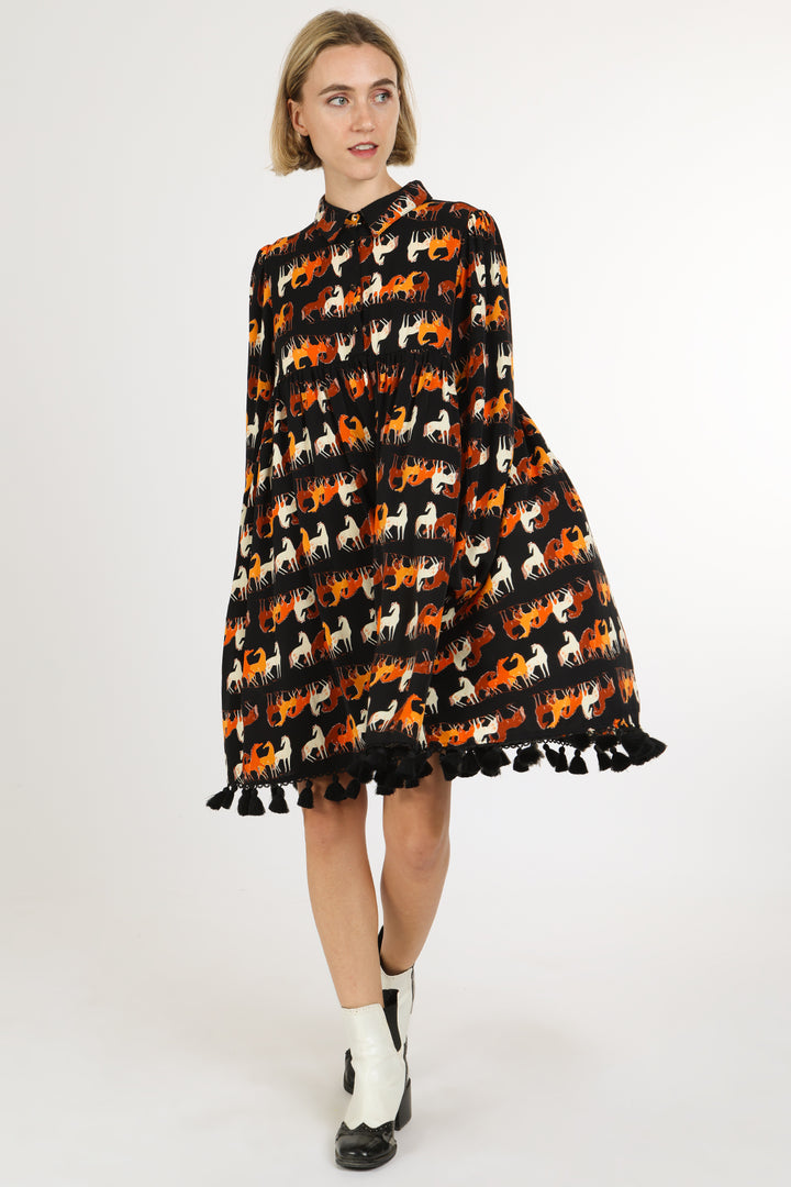 Neal Horse Printed Tassel A-Line Midi Shirt Dress
