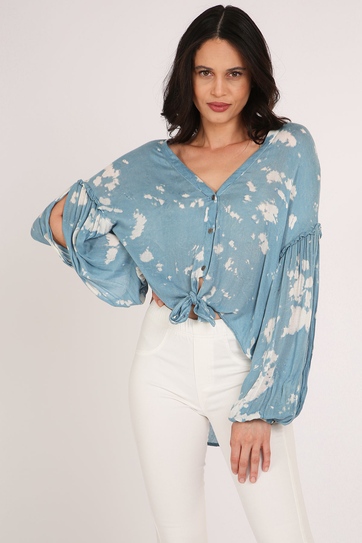 Mark Tie Dye Wash Print Hi-Low Tied Hem V-Neck Tunic - Shop Beulah Style