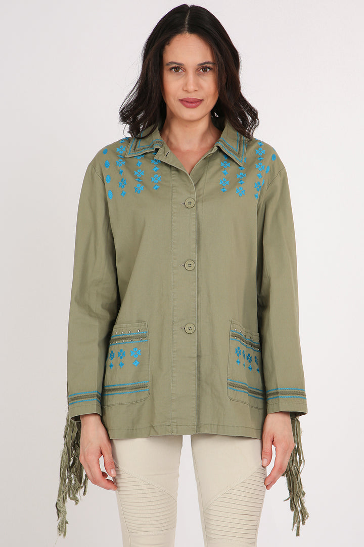 Maria Fringed Tassel Details Embroidered Utility Jacket