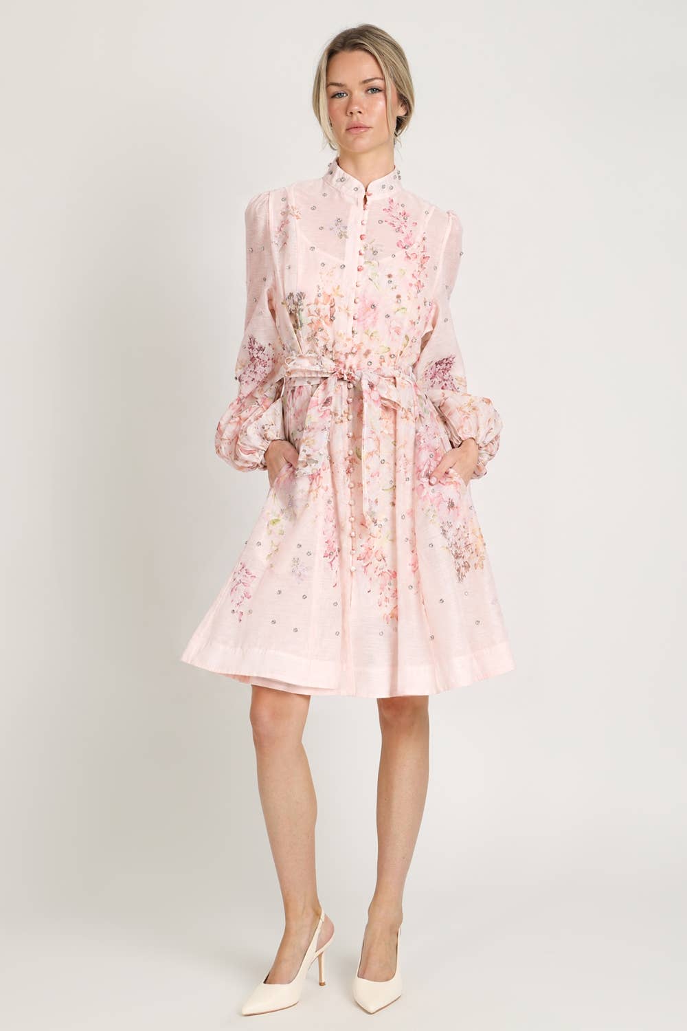 Floral Print Studded Mini Sheer Dress