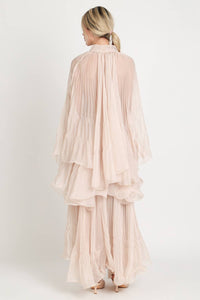 Pleated Sheer Tie Neck Top And Tiered Maxi Skirt Set