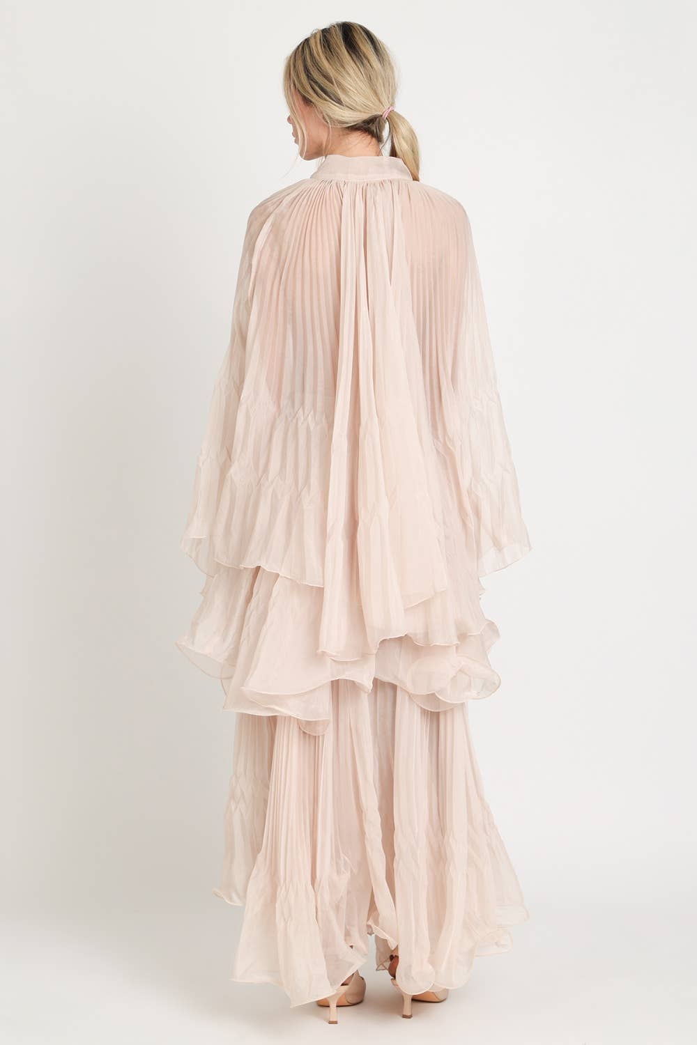 Pleated Sheer Tie Neck Top And Tiered Maxi Skirt Set