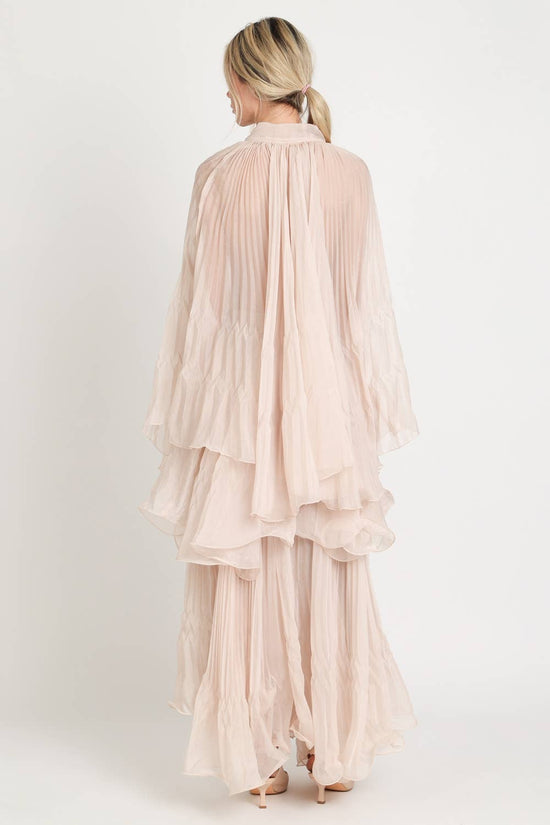 Pleated Sheer Tie Neck Top And Tiered Maxi Skirt Set