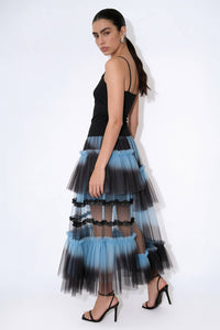 Gradient Asymmetric Tiered Tulle Midi Skirt