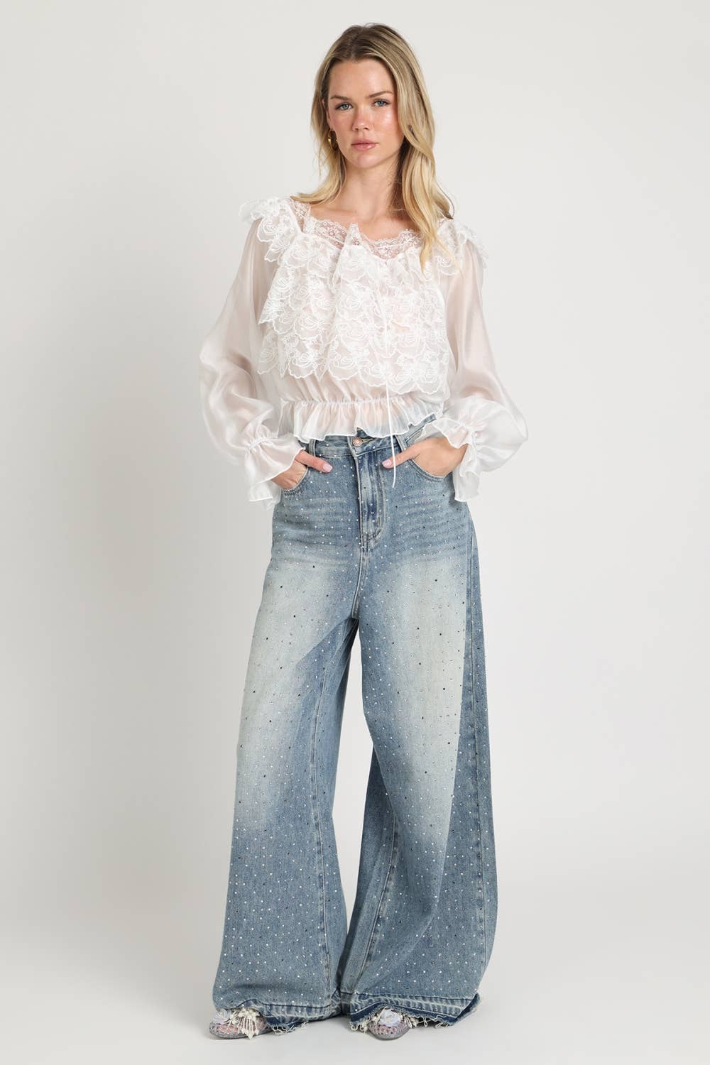 Lace Embroidered Organza Ruffle Crop Top