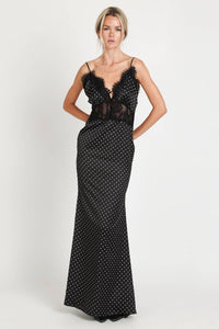 Polka Dot Lace Trim Satin Slip Maxi Dress