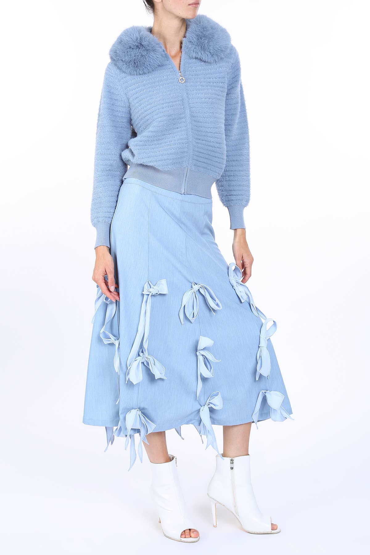 Multi Ribbon Tie Applique A-Line Midi Skirt