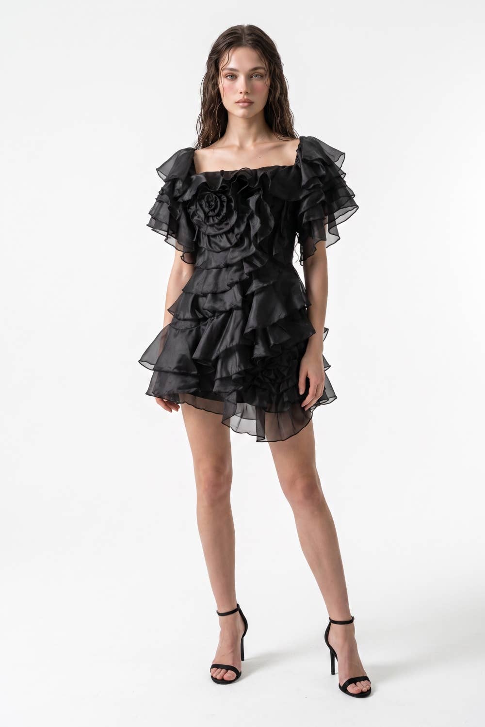 Rosette Applique Cascading Ruffle Mini Dress
