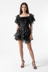 Rosette Applique Cascading Ruffle Mini Dress