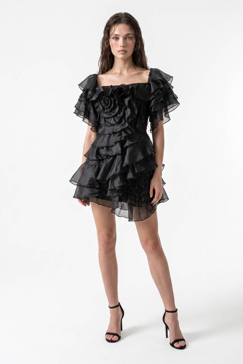 Rosette Applique Cascading Ruffle Mini Dress