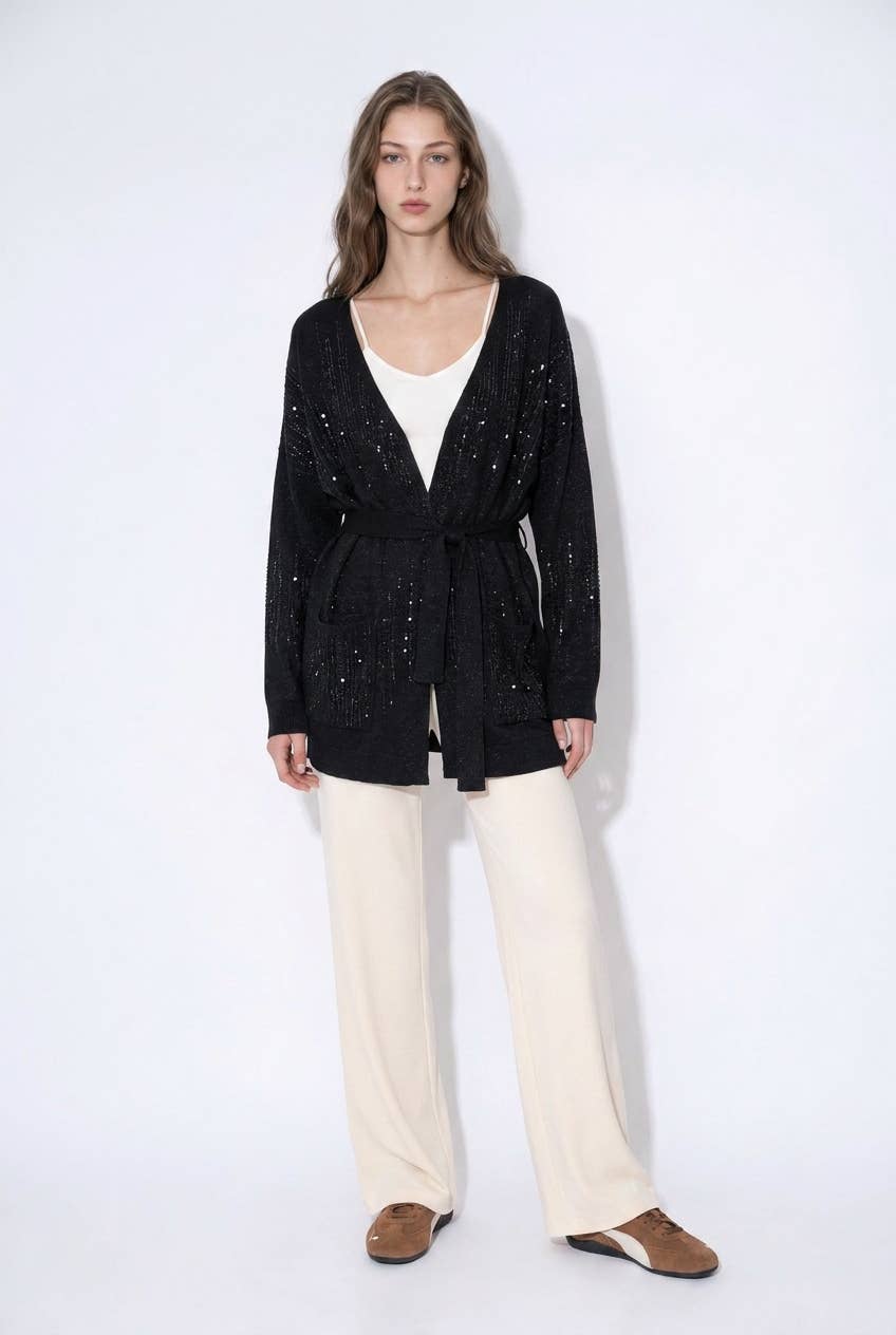 Rhinestone Embellished Shimmer Belted Cardigan