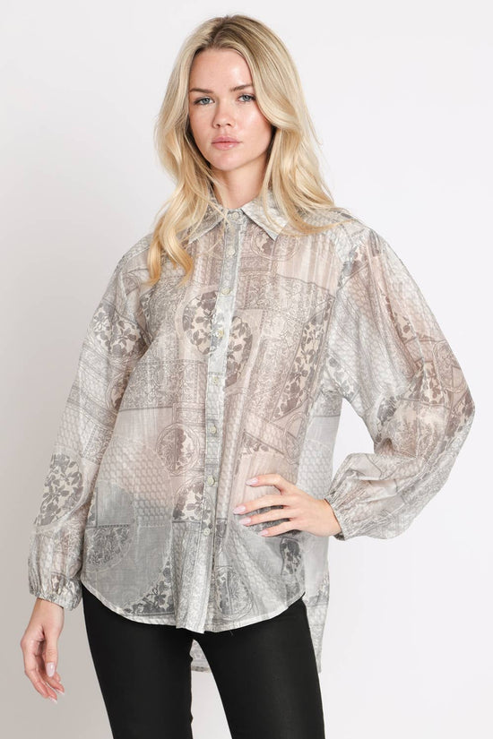 Multi-Print Sheer Button Up Shirt