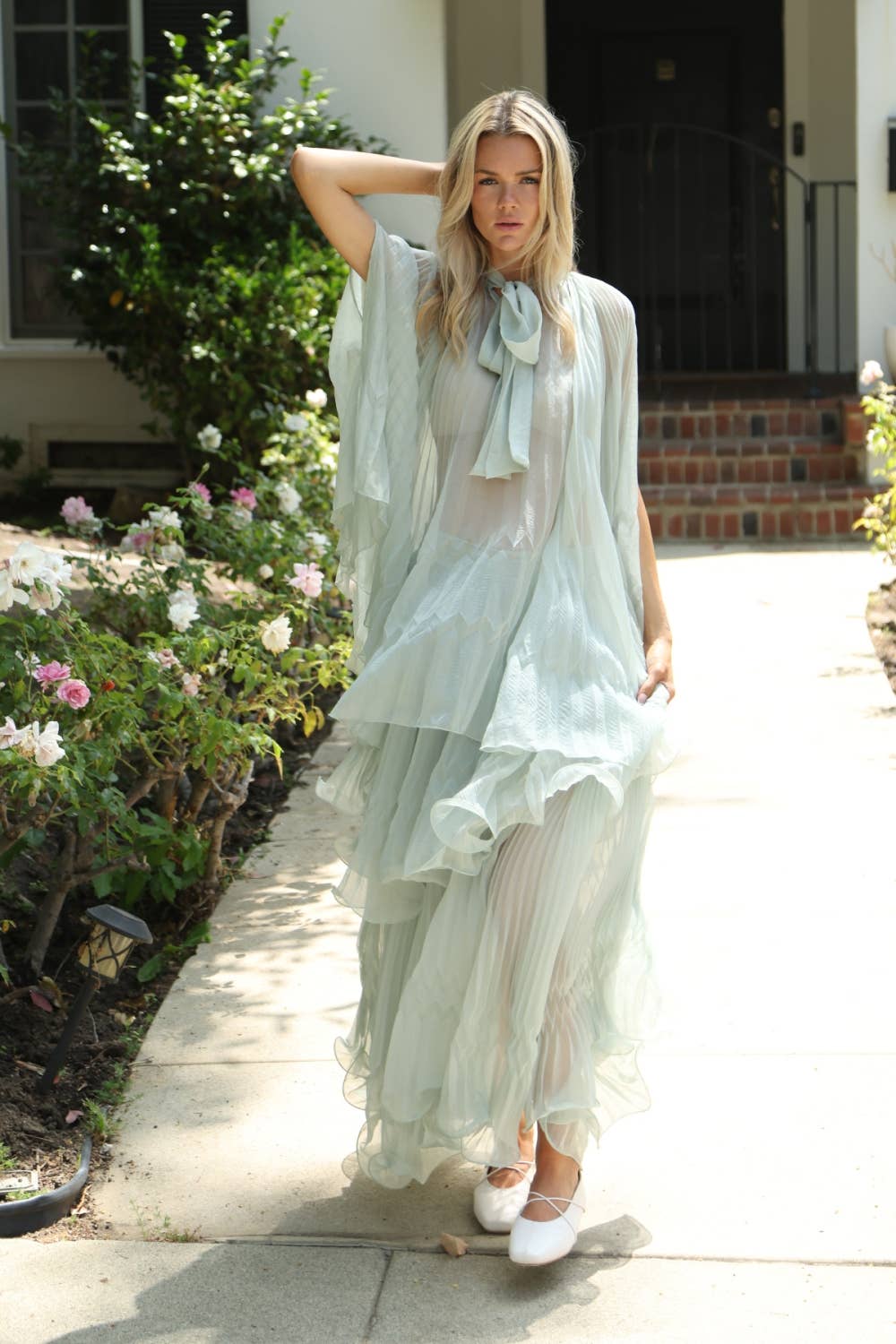 Pleated Sheer Tie Neck Top And Tiered Maxi Skirt Set