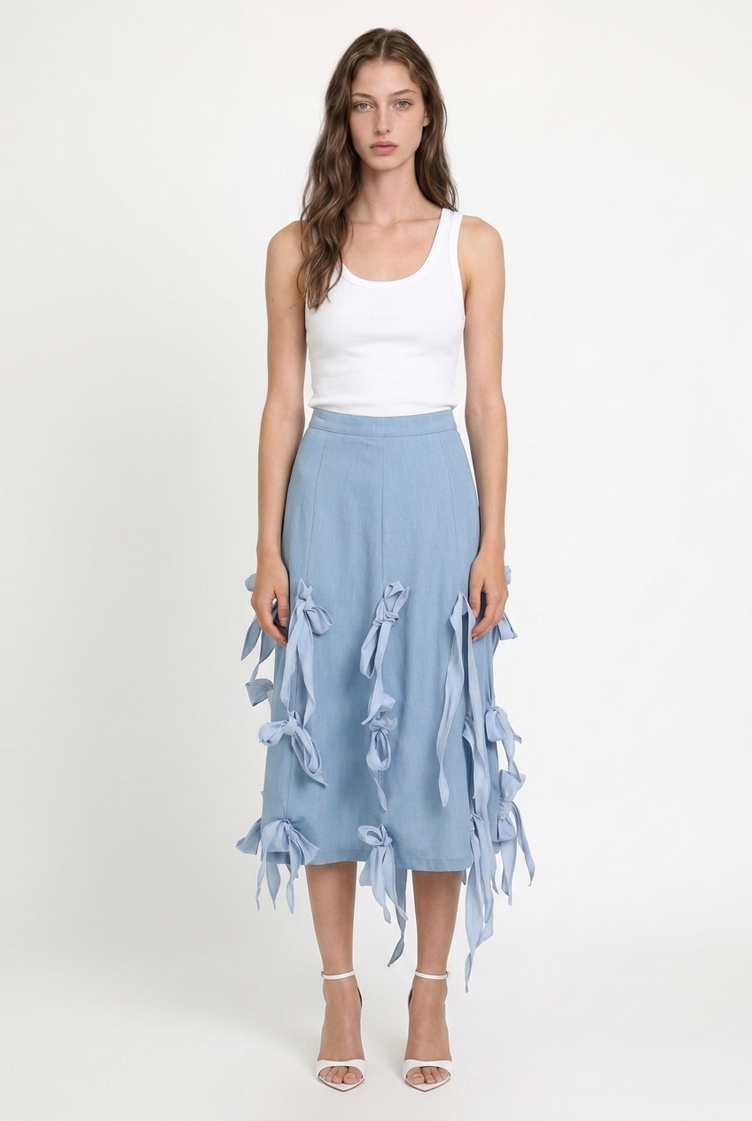Multi Ribbon Tie Applique A-Line Midi Skirt
