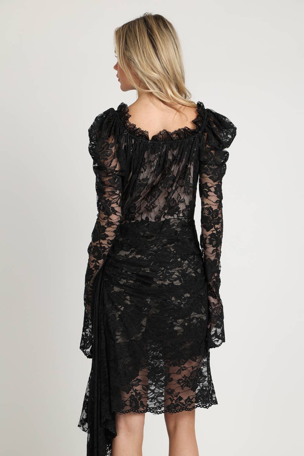 Floral Embroidered Mesh Draped Midi Dress