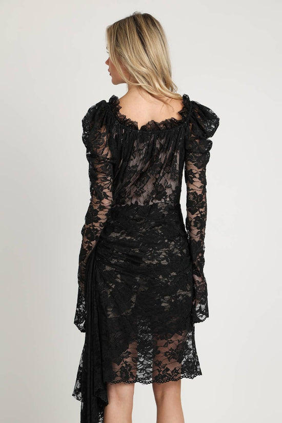 Floral Embroidered Mesh Draped Midi Dress