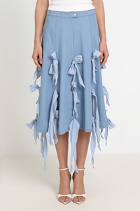 Multi Ribbon Tie Applique A-Line Midi Skirt