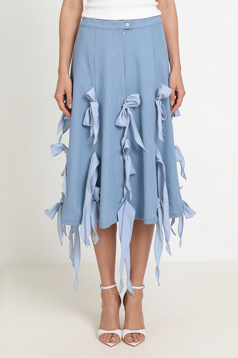 Multi Ribbon Tie Applique A-Line Midi Skirt
