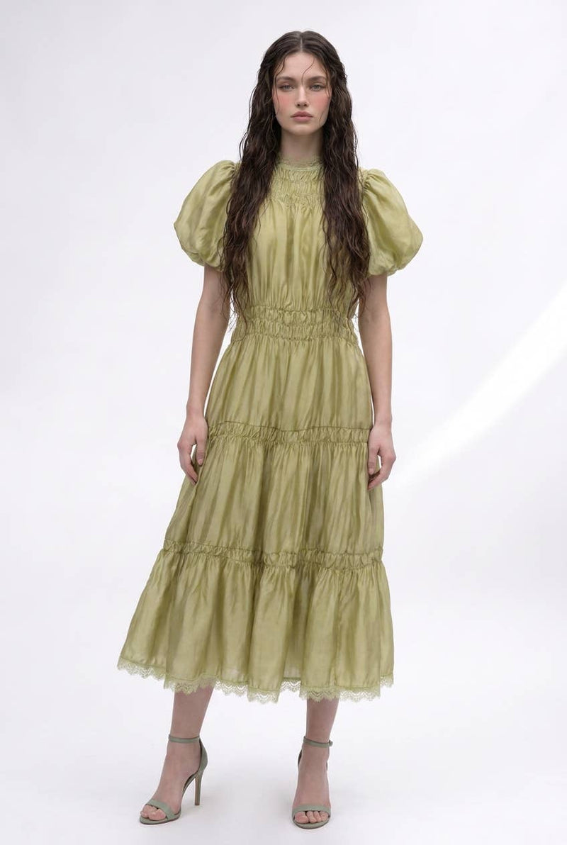 Smocked Yoke Puff Sleeve Tiered Midi Dress