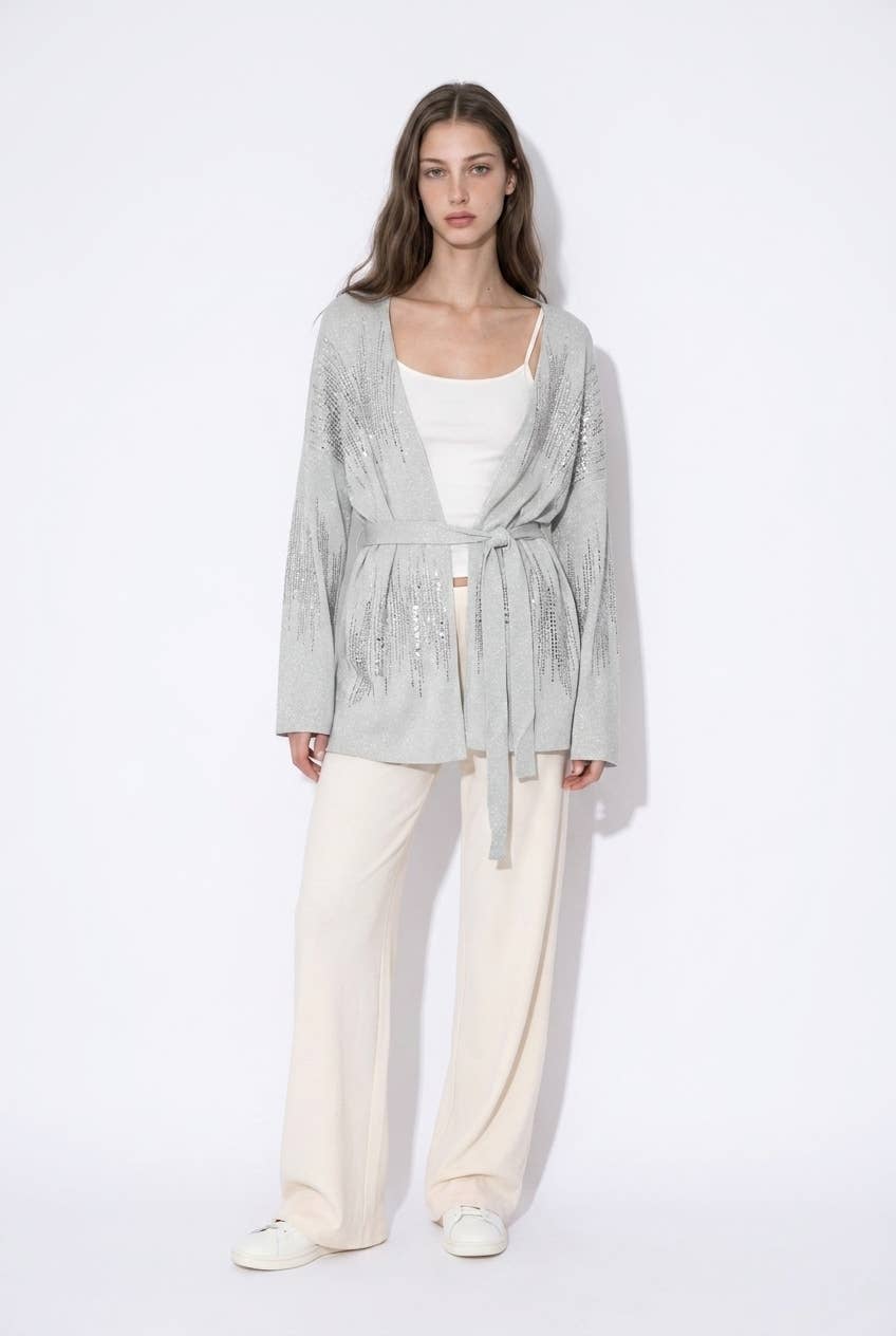 Rhinestone Embellished Shimmer Belted Cardigan