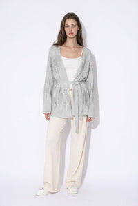 Rhinestone Embellished Shimmer Belted Cardigan