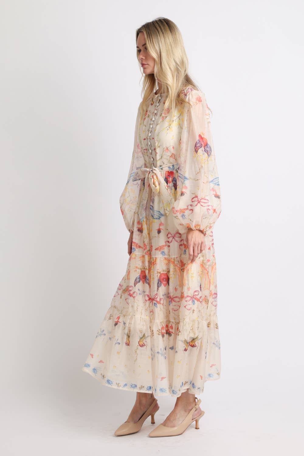 Floral Print Belted Tiered Maxi Dress