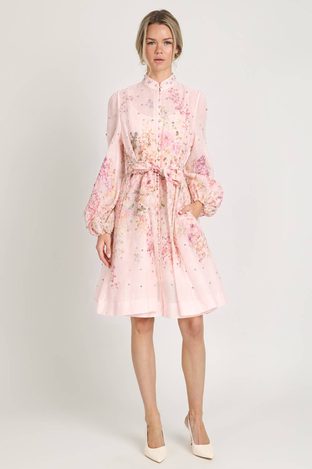 Floral Print Studded Mini Sheer Dress