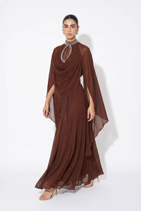 Crystal Embellished Draped Cape Gown